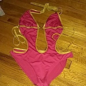 Hot pink & gold cutout monokini